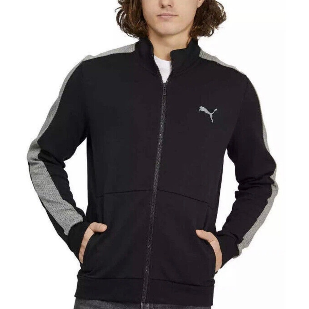 Puma Mens Full Zip Track Jacket Black Grey Sleeve Stripe